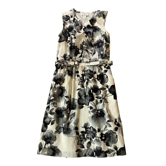 Ann Taylor Loft Petites Black & White Floral Sleeveless Ruffle Front Dress 2P - Picture 1 of 9